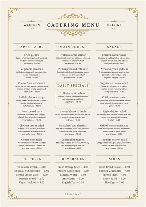Free printable and customizable catering menu .